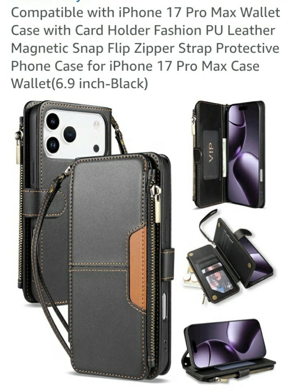 Wallet Zipper Phone Case for iPhone 17 Pro Max - Black with Brown Accent